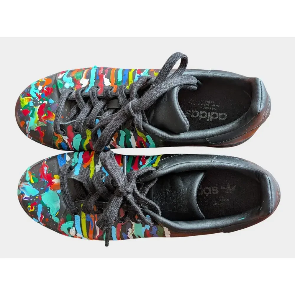 Adidas Stan Smith Men’s 8 Black Leather Sneakers Custom Paint Splatter Art Shoes